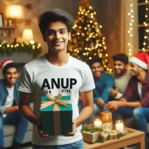 A smart 18 years indian old boy, ANUP is written in big words on his T-Shirt, the boy and his friends are enjoying in the living room near the Christmas tree, there are Christmas decorations, soft lighting, and wrapped gifts in the room, the whole room is caputing the moment of warmth and happiness.