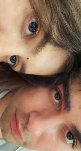 Couple closeup selfie photo editing