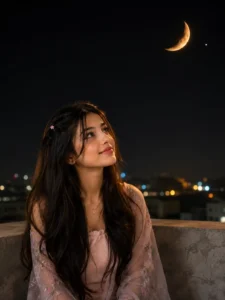 Girl rooftop Moon photo editing